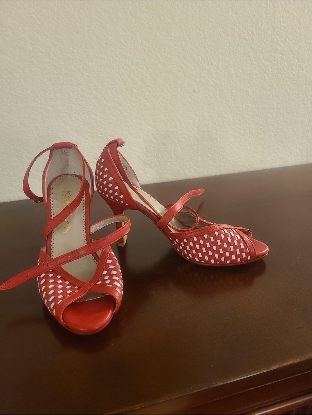 Tango Shoes Red Woven Peep-Toe Heels with Ankle Strap